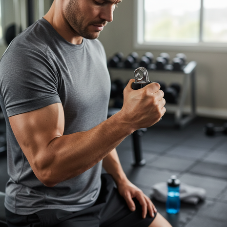 Hombre entrenando agarre y antebrazo con handgrip en el gimnasio