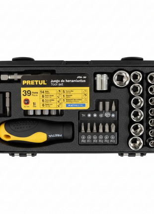 Juego de herramientas PRETUL 39 piezas en estuche negro – ratchet amarillo con dados bits hex torx y destornilladores

