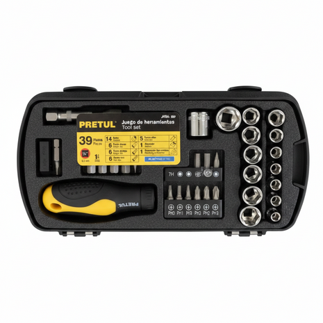 Juego de herramientas PRETUL 39 piezas en estuche negro – ratchet amarillo con dados bits hex torx y destornilladores

