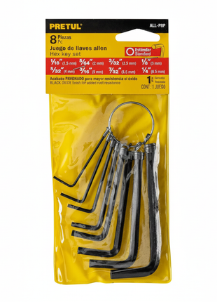 Juego de llaves allen PRETUL 8 piezas ALL-P8P acabado pavonado – set estándar 1/16" a 1/4" resistente al óxido

