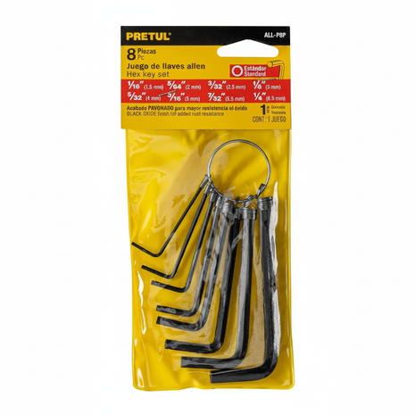 Juego de llaves allen PRETUL 8 piezas ALL-P8P acabado pavonado – set estándar 1/16" a 1/4" resistente al óxido

