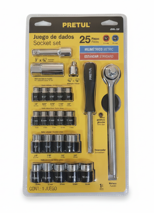 Juego de dados PRETUL 25 piezas con ratchet – set métrico y estándar acero cromo vanadio para mecánica automotriz

