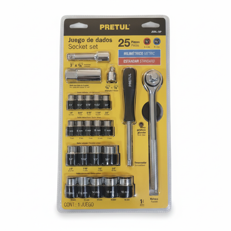 Juego de dados PRETUL 25 piezas con ratchet – set métrico y estándar acero cromo vanadio para mecánica automotriz

