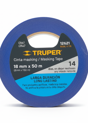 Cinta masking tape TRUPER azul 18mm x 50m – cinta de enmascarar para pintura automotriz y acabados de precisión

