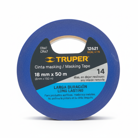 Cinta masking tape TRUPER azul 18mm x 50m – cinta de enmascarar para pintura automotriz y acabados de precisión

