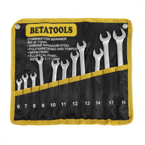 Juego 11 llaves combinadas BETATOOLS 6-19mm acero cromo vanadio – set en estuche de tela para mecánica y automotriz

