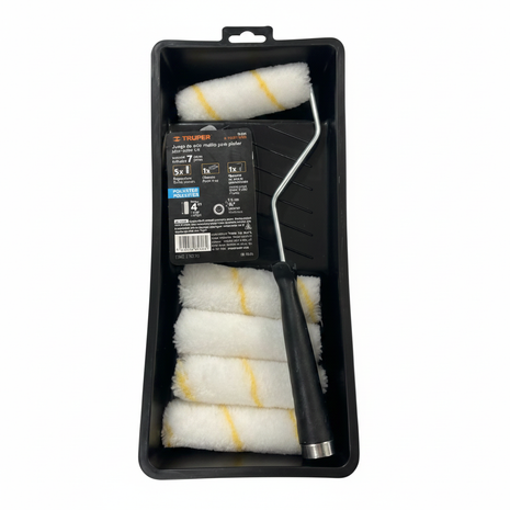 Kit de rodillos TRUPER 5 mangas con bandeja negra – set completo para pintura de paredes y techos interiores

