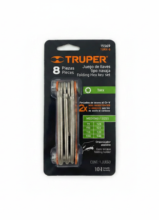 Juego llaves Torx tipo navaja TRUPER 8 piezas TORX-8 – acero Cr-V T9 a T40 con organizador abatible naranja

