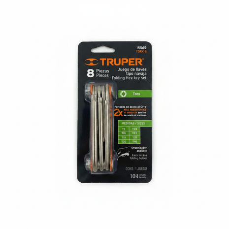 Juego llaves Torx tipo navaja TRUPER 8 piezas TORX-8 – acero Cr-V T9 a T40 con organizador abatible naranja

