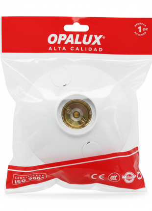 Portalámpara OPALUX E27 alta calidad – socket plástico blanco con base dorada para instalaciones eléctricas del hogar

