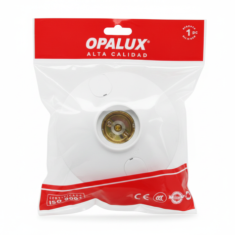 Portalámpara OPALUX E27 alta calidad – socket plástico blanco con base dorada para instalaciones eléctricas del hogar

