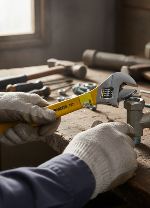 Llave francesa 10" en uso – ajuste de tuberías y pernos – herramienta esencial para reparaciones del hogar y taller


