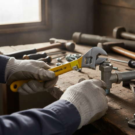 Llave francesa 10" en uso – ajuste de tuberías y pernos – herramienta esencial para reparaciones del hogar y taller

