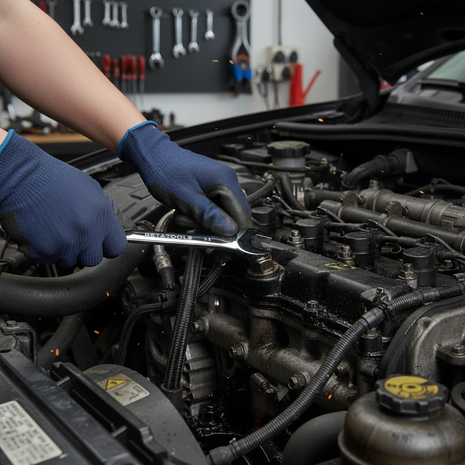 Llaves combinadas BETATOOLS en uso – ajuste de tuercas y pernos en motor y maquinaria – acero cromo vanadio pulido

