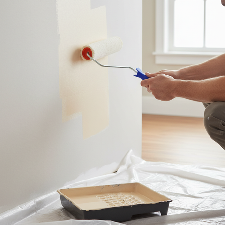Rodillo de pintura en uso – aplicación de pintura en paredes interiores – manga de felpa para acabado liso y parejo

