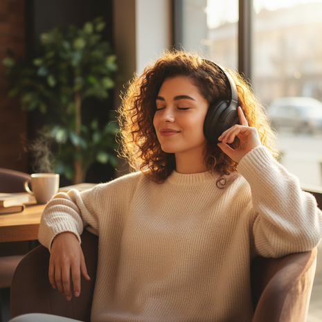 Audífonos bluetooth con cancelación de ruido Küzler SoulBeat en uso, cascos inalámbricos ANC para música sin distracciones

