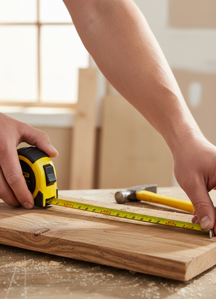 Flexómetro GONTI 3M en uso – medición de madera y superficies – herramienta esencial para carpintería y remodelación


