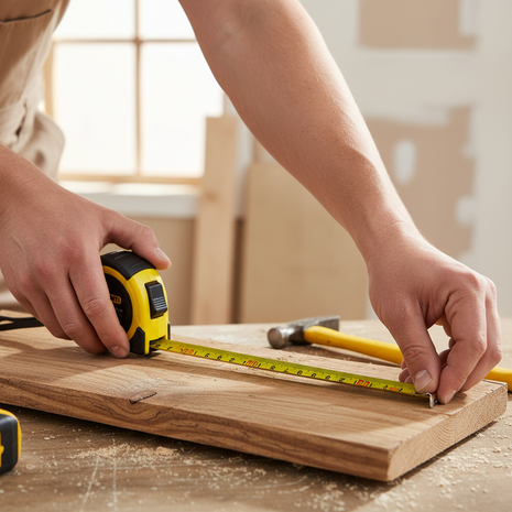 Flexómetro GONTI 3M en uso – medición de madera y superficies – herramienta esencial para carpintería y remodelación

