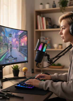 Micrófono para streaming y podcast Küzler MixPro RGB en setup gamer, micrófono USB para youtubers y streamers


