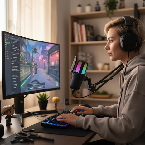 Micrófono para streaming y podcast Küzler MixPro RGB en setup gamer, micrófono USB para youtubers y streamers


