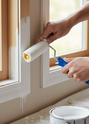 Rodillo mini en uso – aplicación de pintura en marcos ventanas y muebles – acabado uniforme en espacios reducidos

