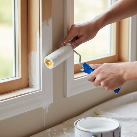 Rodillo mini en uso – aplicación de pintura en marcos ventanas y muebles – acabado uniforme en espacios reducidos

