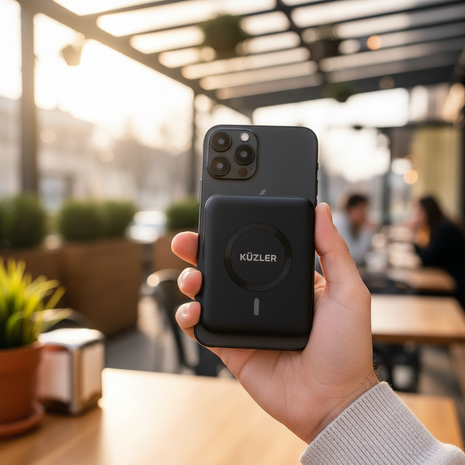 Cargador portátil magnético Küzler cargando iPhone inalámbricamente, batería externa para celular compatible con MagSafe

