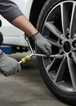 Llave tipo Y en uso – ajuste de tuercas de rueda y pernos – diseño ergonómico para mayor torque y velocidad

