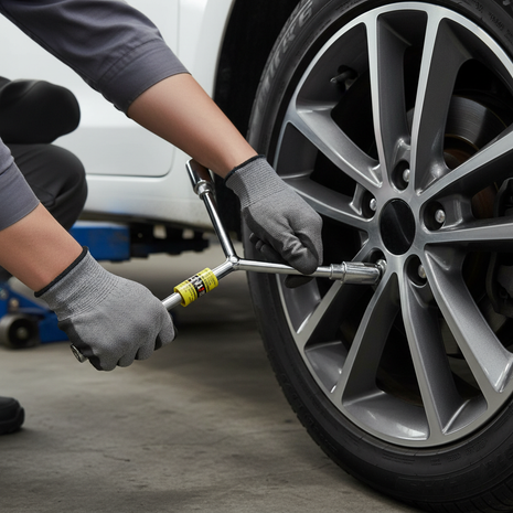 Llave tipo Y en uso – ajuste de tuercas de rueda y pernos – diseño ergonómico para mayor torque y velocidad

