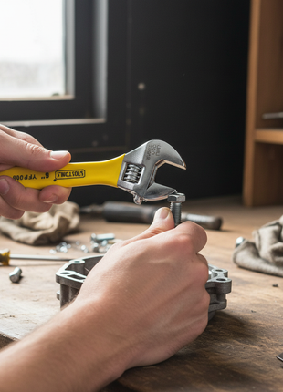 Llave francesa UYUSTOOLS 6" en uso – ajuste de pernos y tuercas – herramienta compacta para reparaciones del hogar

