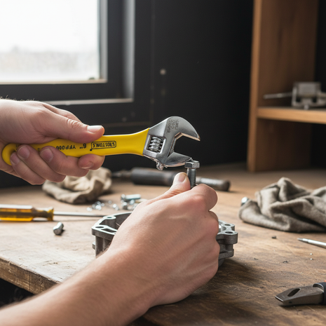 Llave francesa UYUSTOOLS 6" en uso – ajuste de pernos y tuercas – herramienta compacta para reparaciones del hogar

