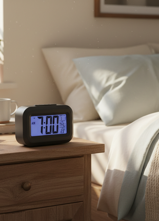 Reloj despertador digital en velador, alarma digital para dormitorio con pantalla LCD visible en la oscuridad

