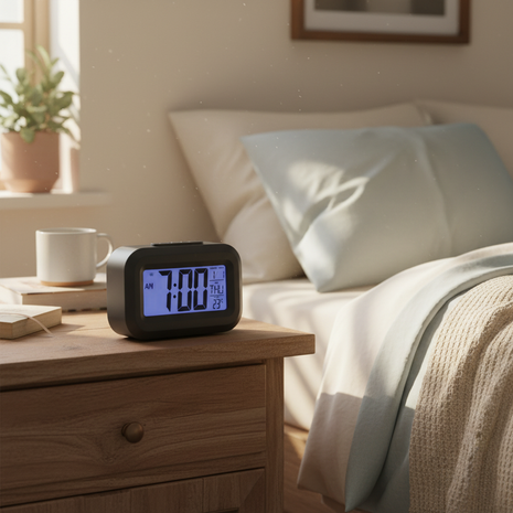 Reloj despertador digital en velador, alarma digital para dormitorio con pantalla LCD visible en la oscuridad

