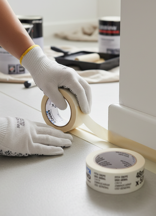 Cinta enmascarar TEKBOND 48mm en uso – aplicación horizontal en zócalos y bordes para pintura de interiores sin residuos

