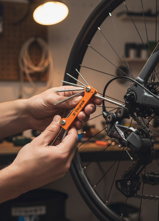 Llaves Torx plegables TRUPER en uso – ajuste de tornillos estrella en bicicletas y electrónica – acero Cr-V 2x más resistente

