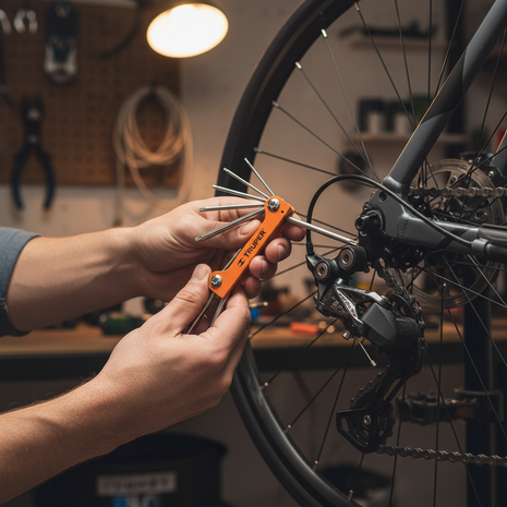Llaves Torx plegables TRUPER en uso – ajuste de tornillos estrella en bicicletas y electrónica – acero Cr-V 2x más resistente

