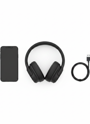 Flat lay audífonos Küzler SoulBeat ANC negros con cable USB-C, 60 horas de batería, delivery express en Lima

