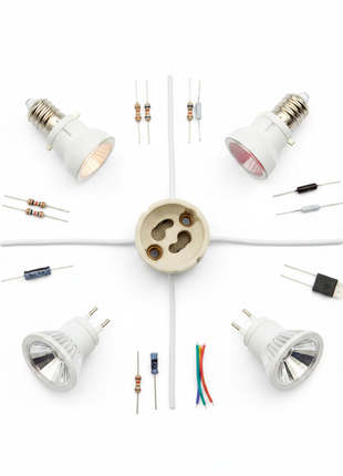 Socket cerámico GU10 con focos dicroicos LED – portalámpara de porcelana para luminarias empotradas y spots

