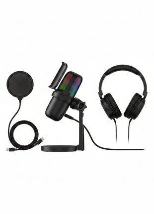 Flat lay micrófono streaming Küzler MixPro RGB con brazo articulado y cable USB, luz RGB multicolor, delivery express en Lima

