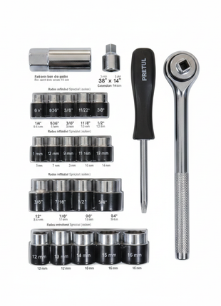 Set 25 dados PRETUL métrico y estándar con ratchet y extensión – kit completo para taller automotriz profesional

