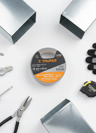 Cinta para ducto TRUPER 48mm x 10m con herramientas – cinta metálica para instalaciones HVAC y mantenimiento industrial

