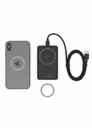 Flat lay power bank inalámbrico Küzler 10000mAh con aro magnético incluido, carga rápida 22.5W, delivery express en Lima

