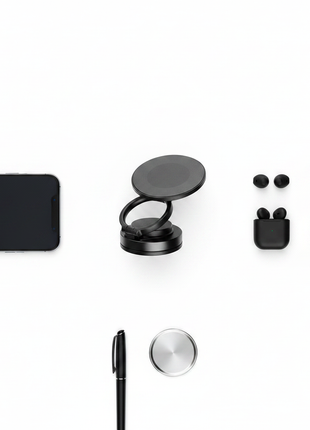 Flat lay soporte magnético Balhuo MY-7652, disco circular, aro articulado y base cilíndrica negra, delivery express en Lima

