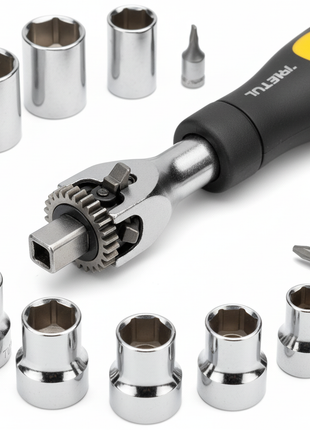 Ratchet PRETUL mango amarillo con dados y bits cromo vanadio – mecanismo de precisión para trabajo profesional

