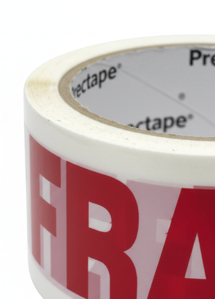 Cinta FRÁGIL Prectape texto rojo en blanco – impresión de alta definición para identificación clara en envíos y logística

