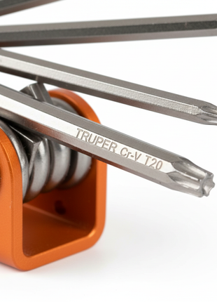 Llave Torx TRUPER punta estrella Cr-V – organizador naranja abatible para acceso rápido a cada medida

