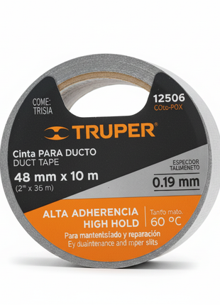 Cinta ducto TRUPER textura metálica plateada 0.19mm – adhesivo de alta resistencia para sellado hermético de ductos

