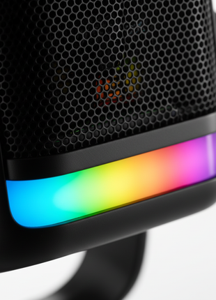 Detalle luz RGB y grilla del micrófono Küzler MixPro, iluminación multicolor y cápsula condensadora de alta sensibilidad

