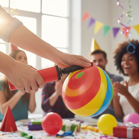 Manos usando bomba infladora manual roja para llenar globos de colores en fiesta

