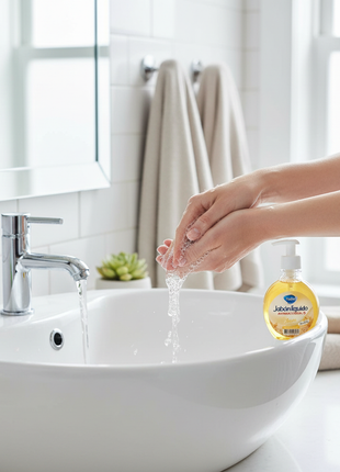 Tópico jabón líquido antibacterial avena – aplicación en manos – lavabo moderno – higiene diaria